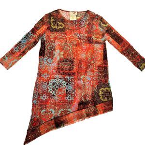 Fuzzi Women Asymmetrical Mesh Blouse Top Red Abstract Print SZ M Made in Italy